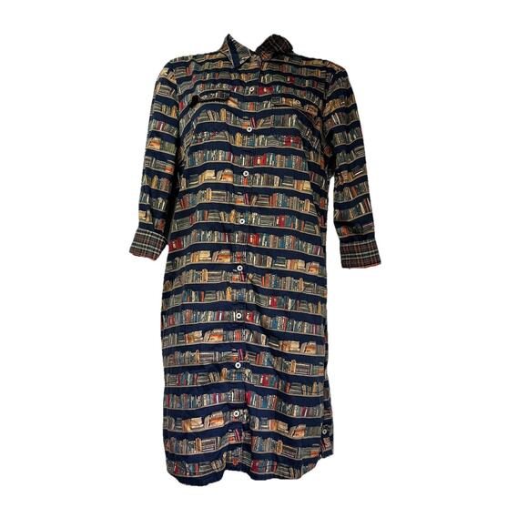Tommy Hilfiger Book Print Shirt Dress M Library Academia Modest Button Front M - Picture 1 of 10